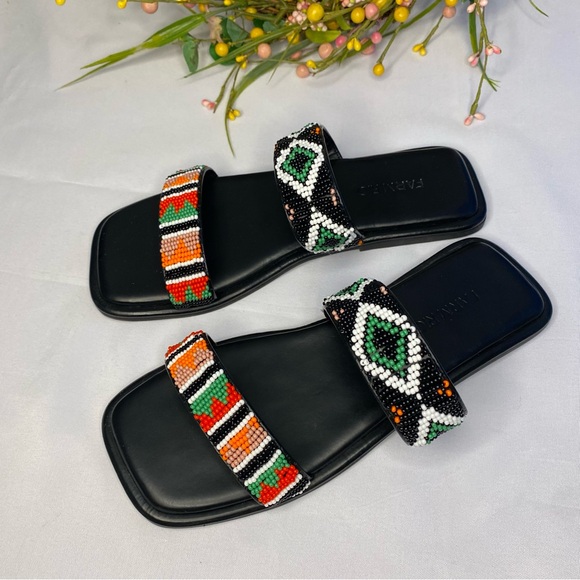 FARM RIO Black Beaded Square Toe Slide Sandals Size 6 - Picture 6 of 12